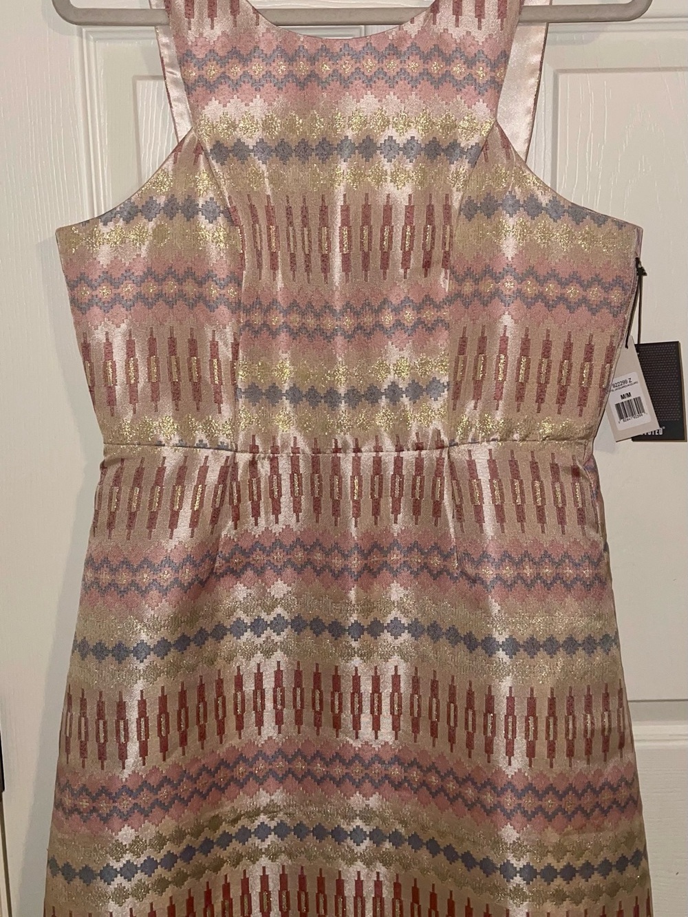 Metallic Patterned Sleeveless Fit & Flare Dress - Pink, Gold, Blue